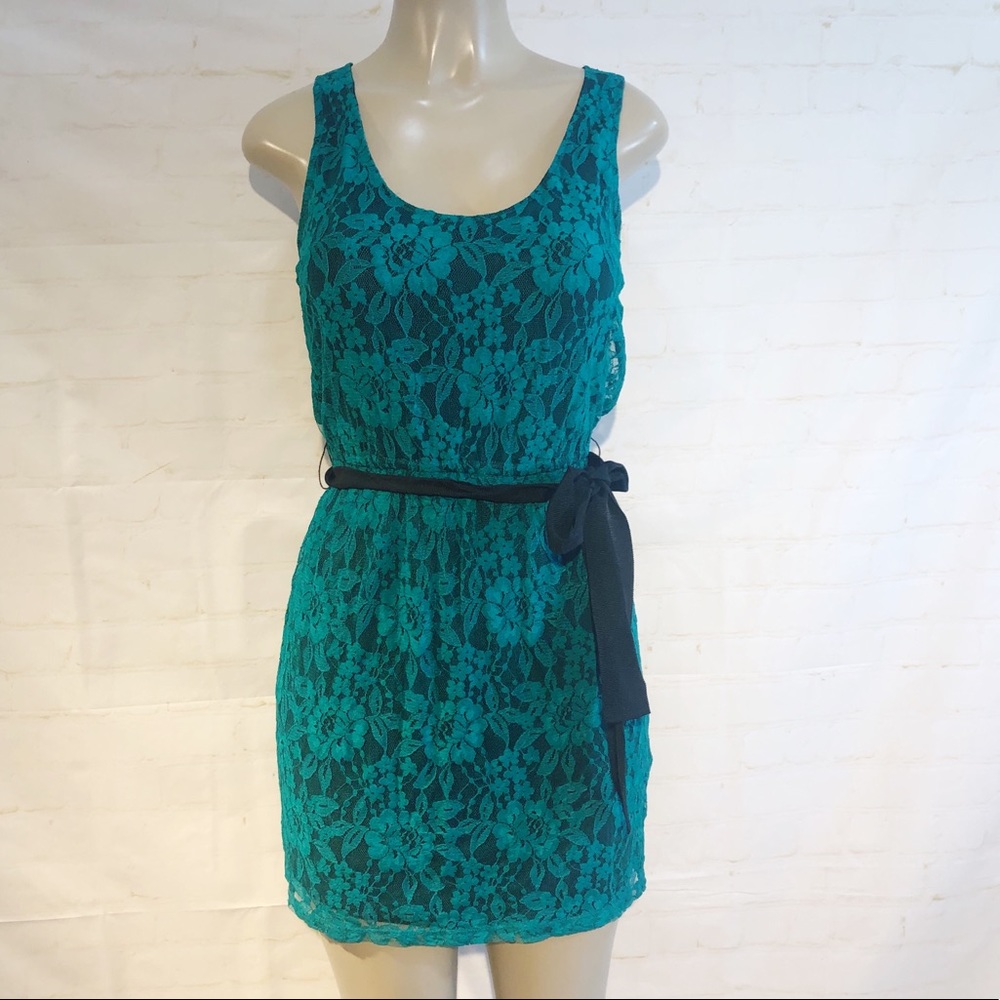 Express Teal Lace Tank Dress with Black Belt